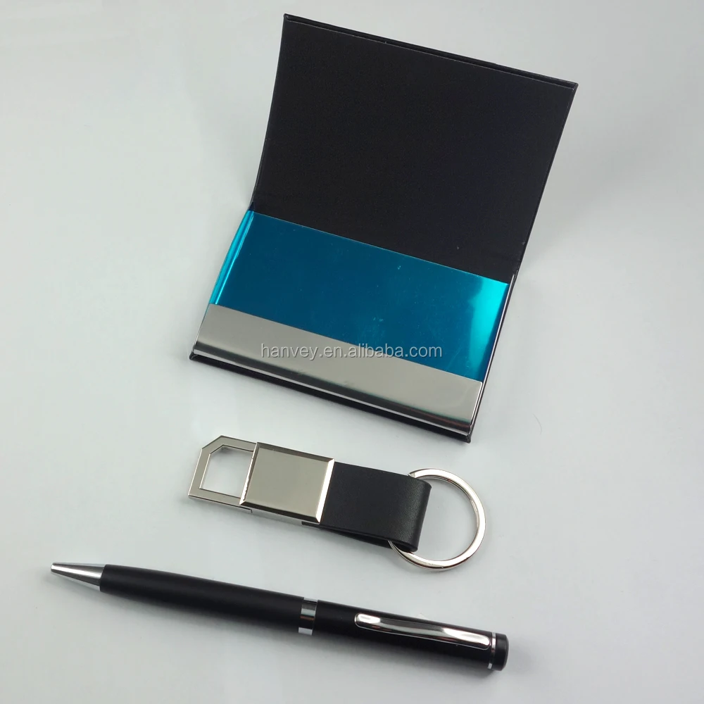 
Factory price wholesale promotion gift luxury custom PU leather card holder pen and keychain business corporate gift set 