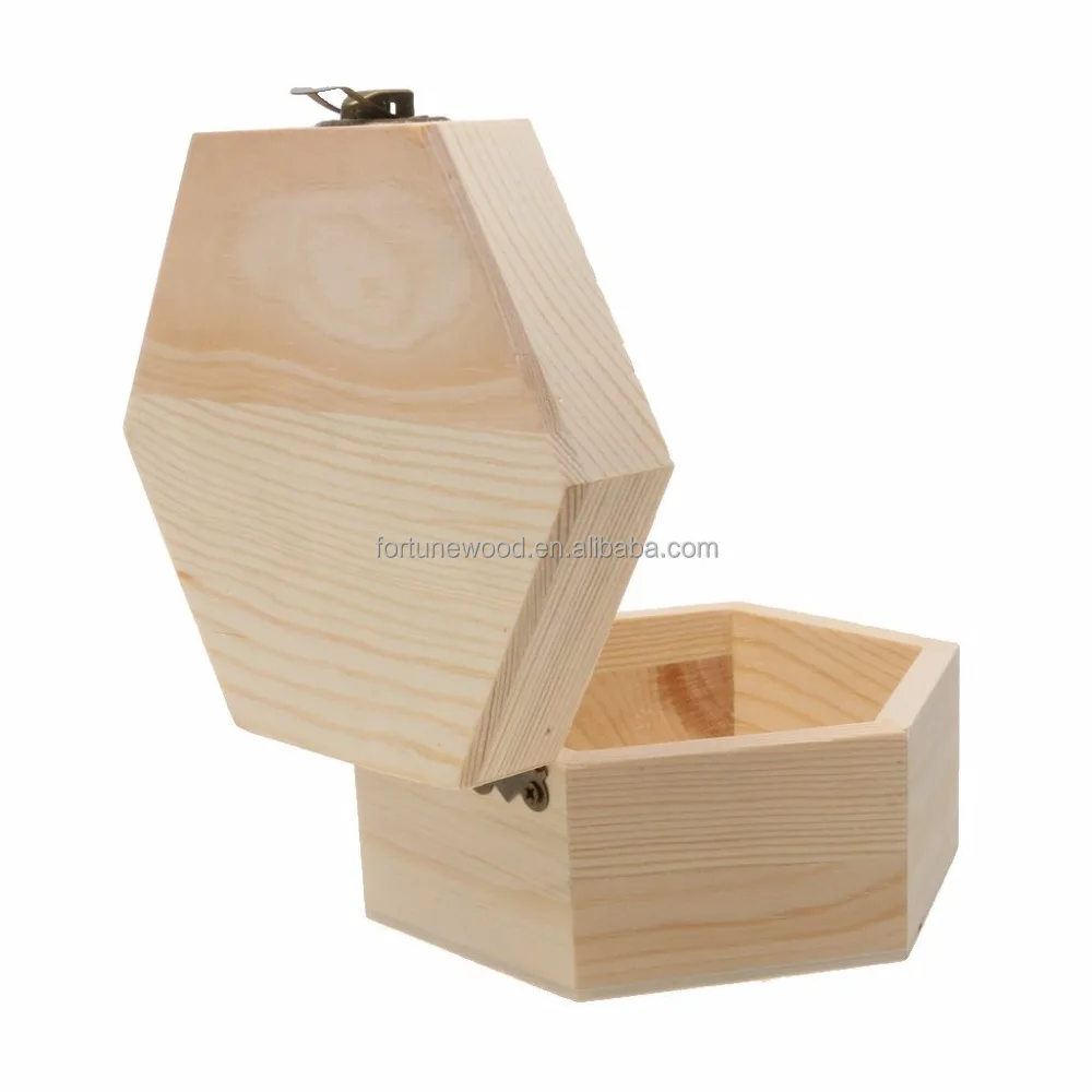 Plain Unfinished Box, Hexagon Unpainted Wooden Jewelry Box DIY Storage Chest Treasure Toy Case 13x 11x 7cm