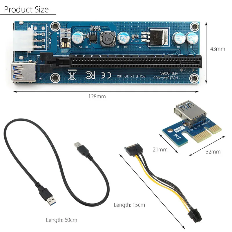 4pcs Stable Version PCI Express Extender Riser Card PCI-E 1X To 16X USB 3.0 To Extension Power Cable For ETH GPU Mining Machine
