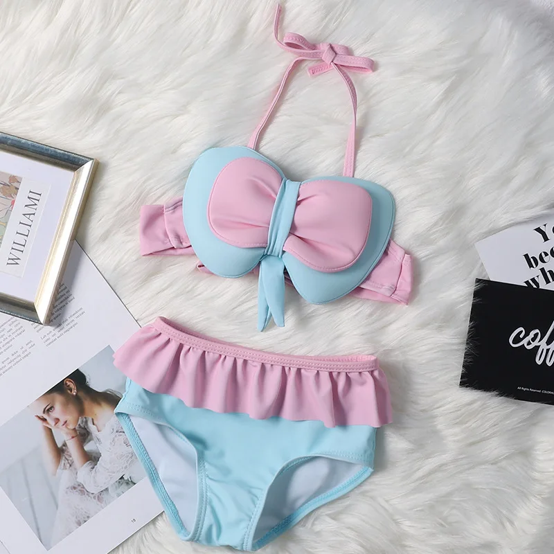 wholesale 3 pcs big bow kids swimsuit with butterfly smock