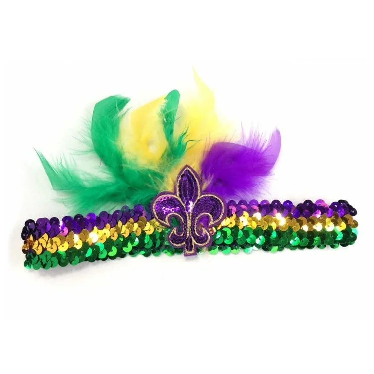 Mardi Gras Throws Feather Sequin Headband Fleur De Lis