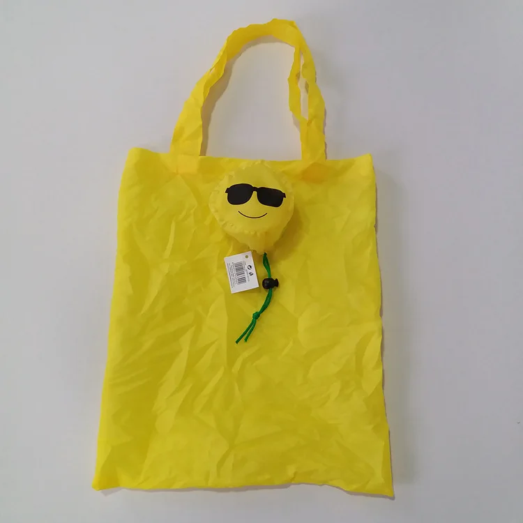 
custom smile face yellow polyester foldable shopping handle tote bag 