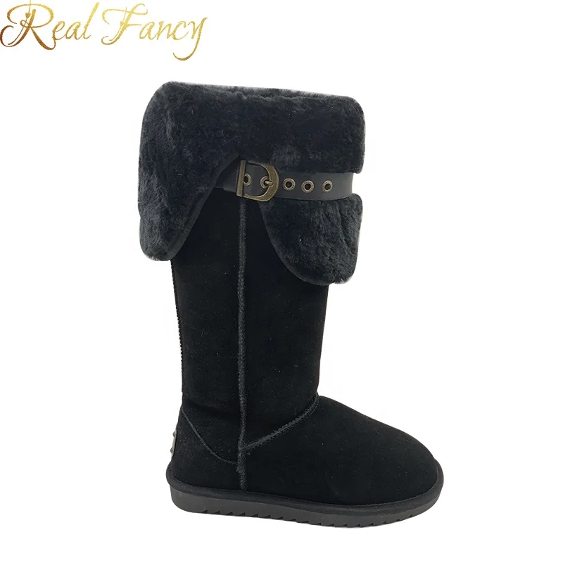 Fashion Black Cow Suede High Cut Long Wool Fur Fluffy Winter Women Snow Boots Shoes