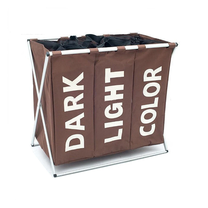 High quality 3 compartments folding laundry basket with aluminum frame