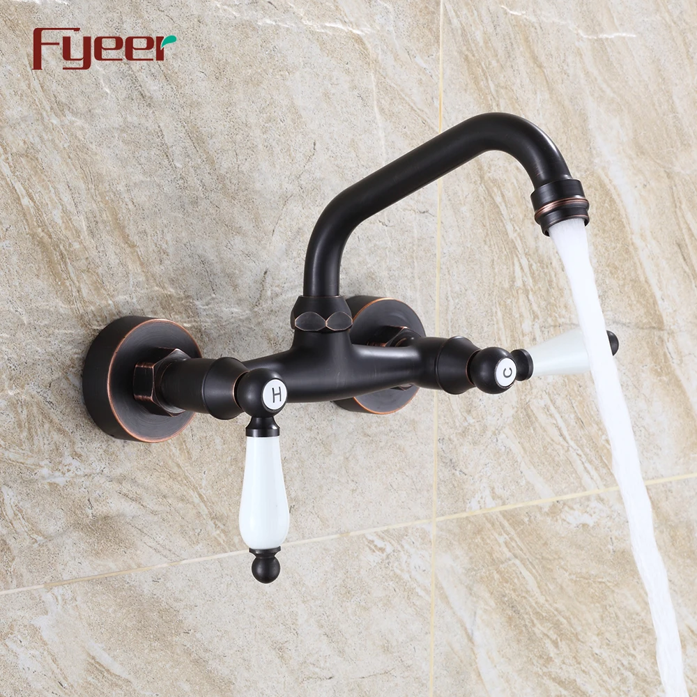 Fyeer Wall Mounted Black Kitchen Faucet with Double Ceramic Handle