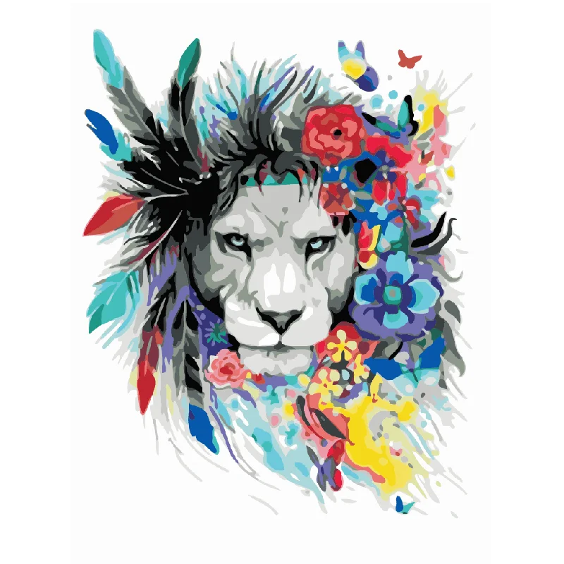 Posters And Prints Diy Oil Painting Lion Wrapped In Feather Flowers Paint By Number Kits Oil Painting No Frame Wholesale