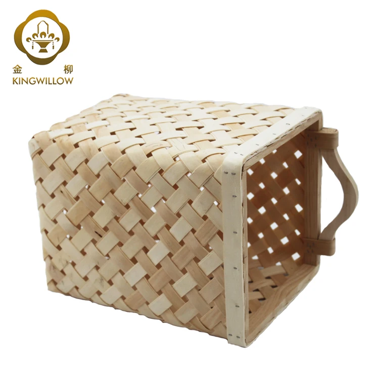 Cheap handamde eco friendly wood chip hanging storage basket for sundries with handles