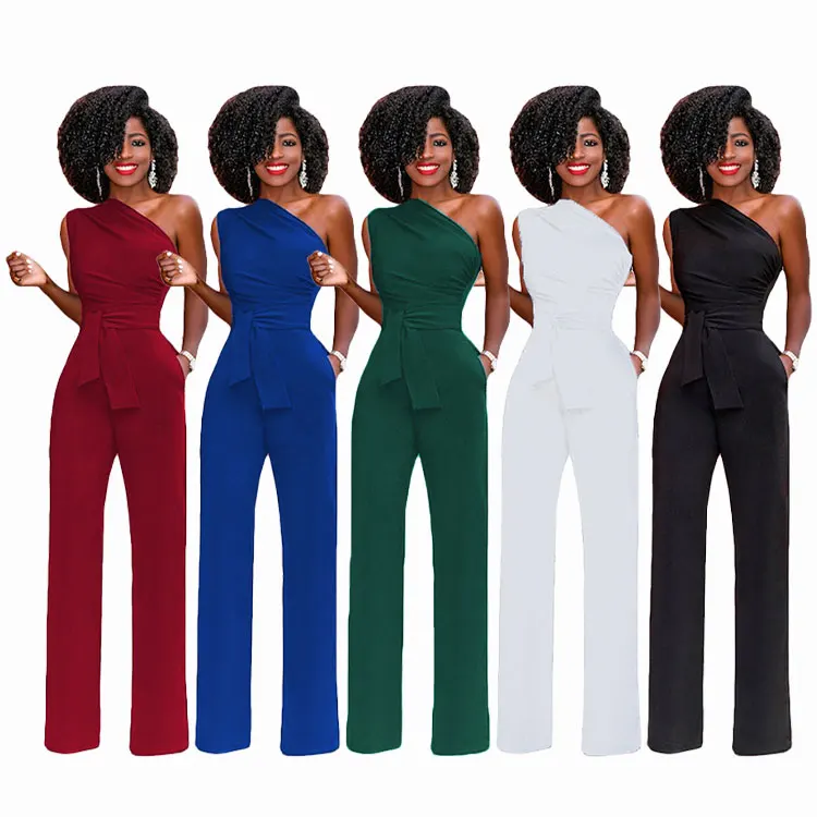 
New MM5485 Black Tie Waist Sleeveless One Shoulder Pants Casual Trousers Ladies Vintage Long Jumpsuit 