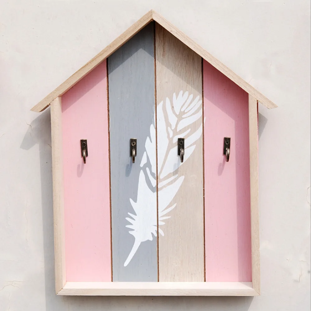 House Shape Wooden Decoration Wall Hanging Hook Key Storage Box
