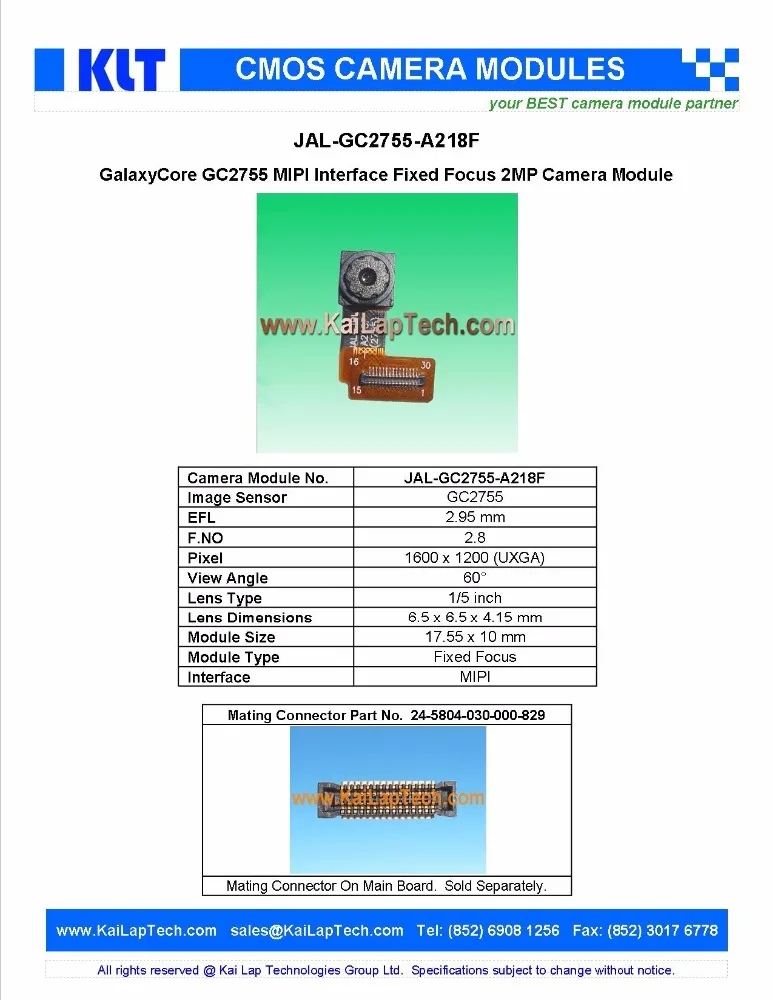 GalaxyCore GC2755 MIPI Interface Fixed Focus 2MP Camera Module JAL-GC2755-A218F