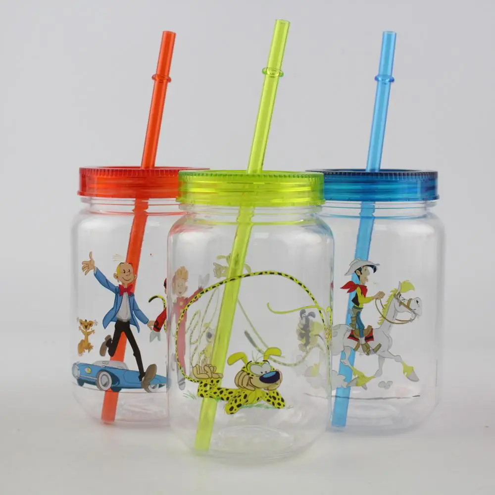 Round Shape Mason Jar with Plastic Straws. 18 Oz. Each. Old Fashion Drinking Glasses - Pack of 4.
