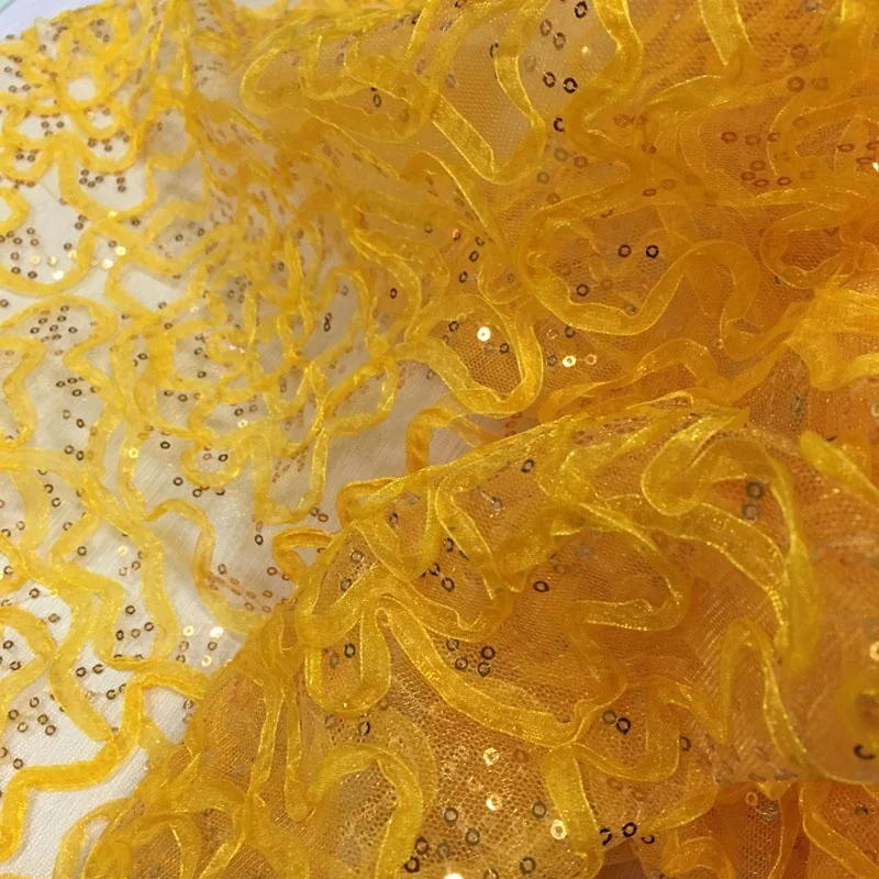 allover 3mm sequin lace embroidery tulle fabric with organza ribbon cord lace fabric for dress clothing