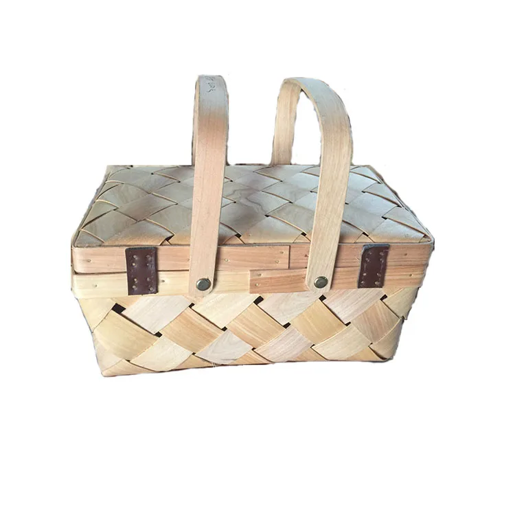 Vintage Picnic Basket Woven Wood Storage Home Decor Rustic wooden baskets with handles