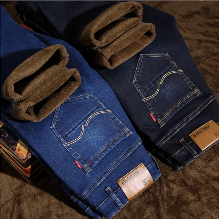 Осенне-зимние мужские эластичные джинсы с ворсом мужская одежда утолщенные плюшевые зимние теплые брюки с поясом прямые облегающие бархатные