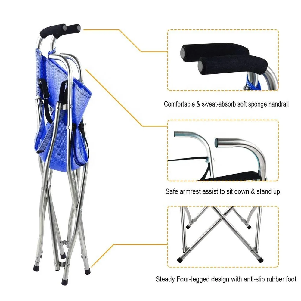 Folding Cane Chair Portable Walking Stick with Stool Camping Hiking Quadripod Seat