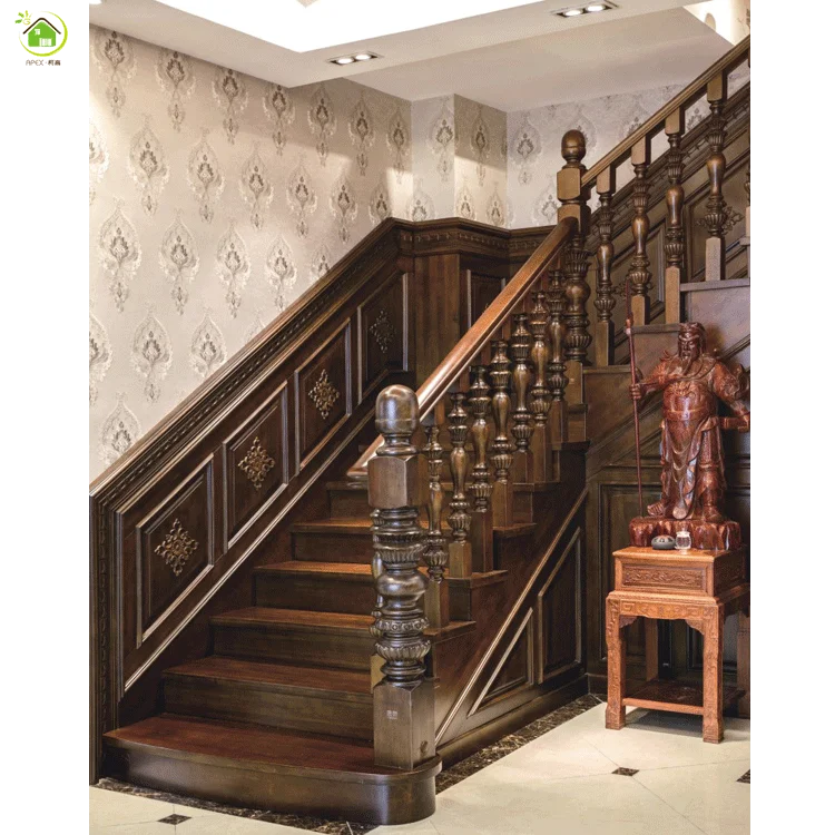 Carving luxury oak wooden inside balusters stair railings design decorative wood stair handrail