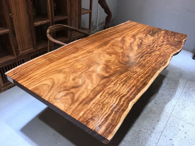 Natural edge wood slab with free table legs 6 people sitting wooden dining table