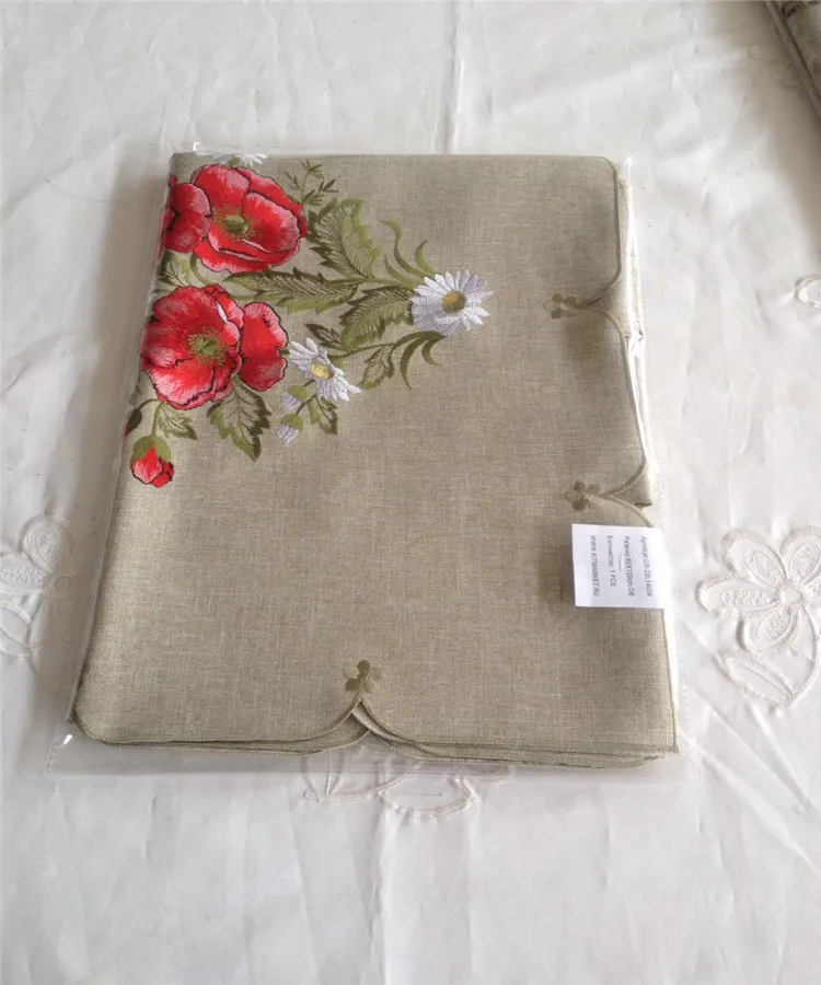 Soft Satin Fabric Red Embroidery Poppy Table Runner flower Tablecloth