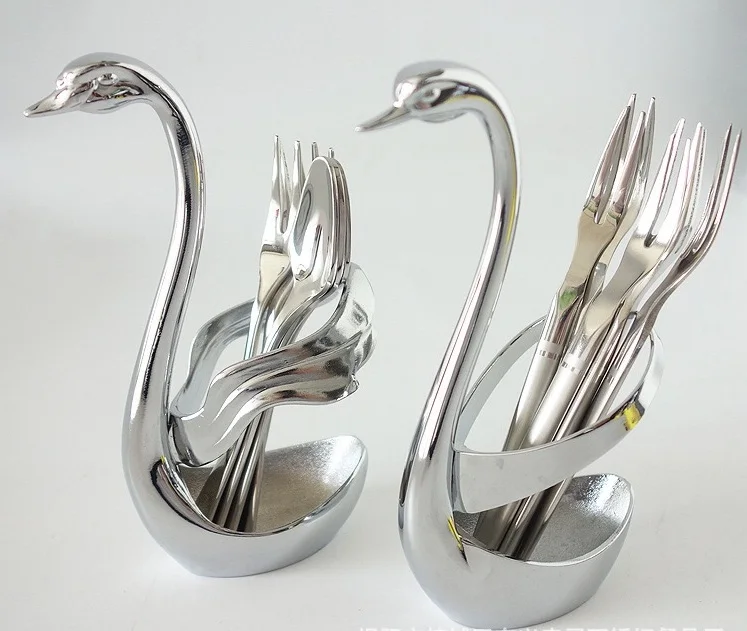Wedding gift Stainless Steel fruit fork & spoon suit holder Swan Base holder