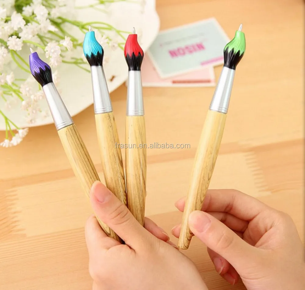 Paint brush shaped novelty wooden color plastic ball pen