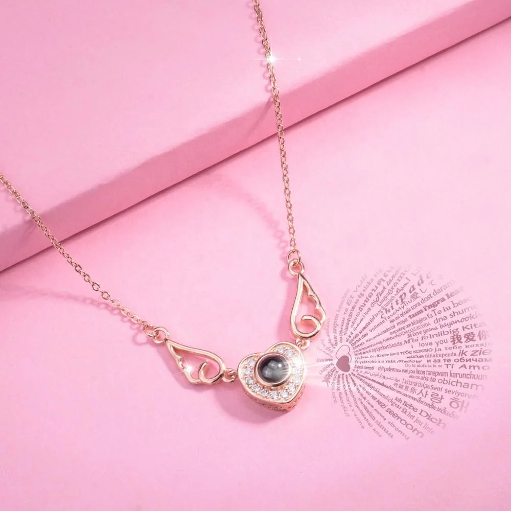 925 Sterling Silver angel wing heart Memory of love 100 Languages Nanotechnology necklace