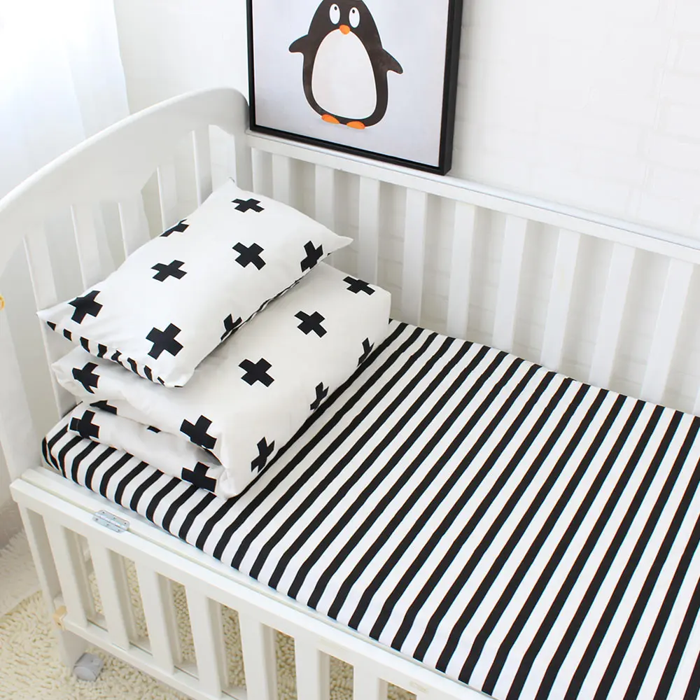 Plain color organic 100% cotton soft boy girl crib baby blanket quilt pillow cover 3 piece cot bedding set
