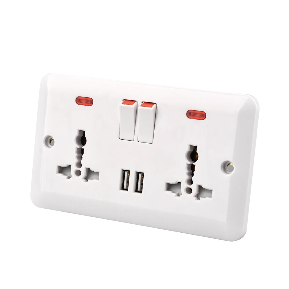 Universal 13A electric double USB port wall switch socket
