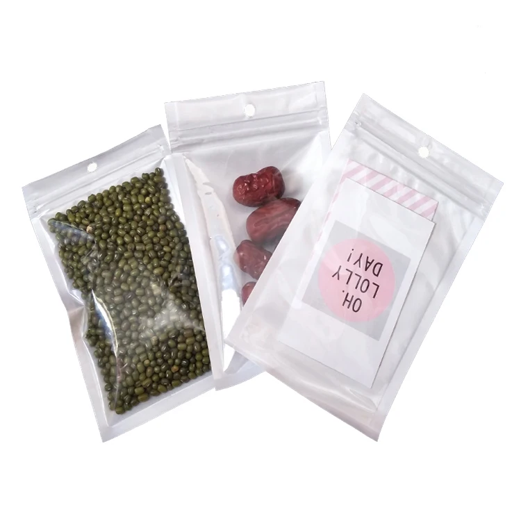 Transparent Pearl White Resealable Zip Lock Flat Mylar Display Plastic Bag With Hang Hole