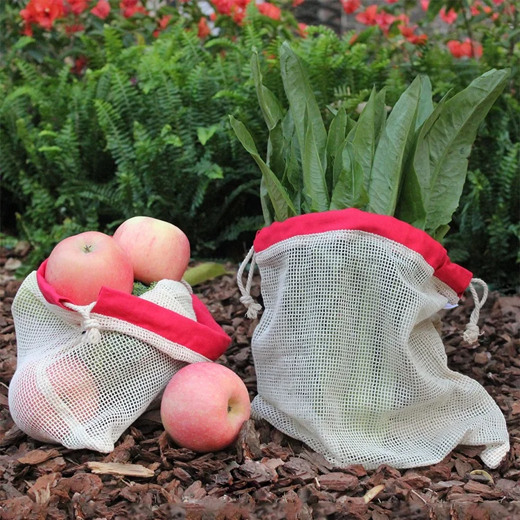 Eco-friendly custom Reusable Simple 100% Organic Cotton Mesh fruit vegetable Produce Bag with packaging boxes