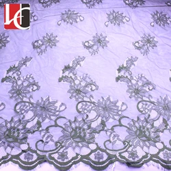 HC-5009 hot selling black color tulle sequins french chantilly lace for ladies dress