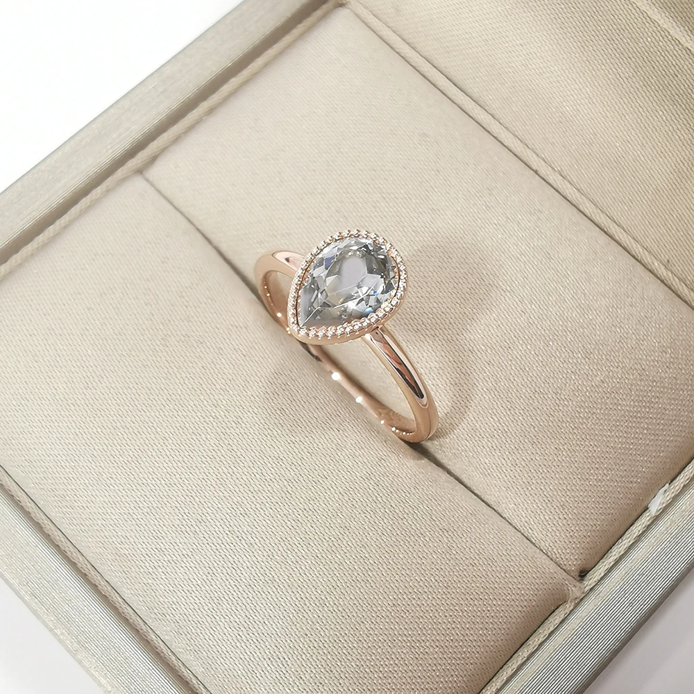 Solid 9k Rose Gold Natural Diamonds Engagement Wedding Ring Pear Crystal Ring Fine Jewelry Women