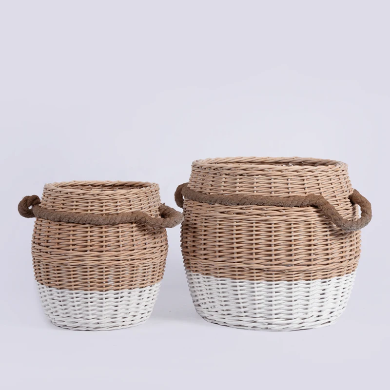 Jute Rope Large Round Belly Woven Rattan Garden Plant Storage Bin Willow Wicker Basket Laundry Gift Hampers With Handles