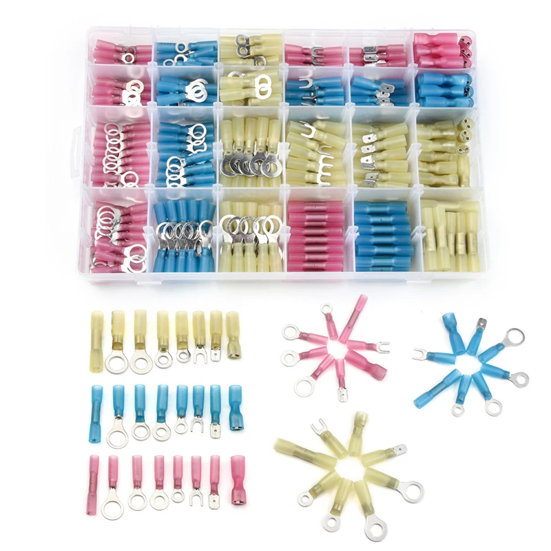 480PCS Insulated Heat Shrink Electrical Connectors assorted Crimp Terminals Ring Butt Kit Red Yellow Blue