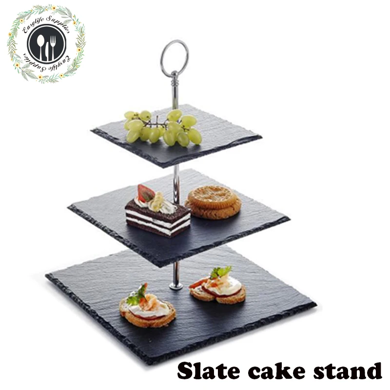 food grade natural stone 3 tier square slate cake stand for party