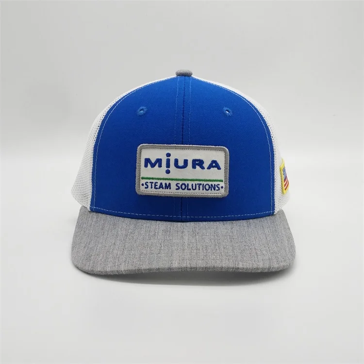 Wholesale Custom High Quality 6 Panel Cotton Twill Royal Blue American Flag Embroidery Patch Mesh Snap Back Trucker Caps Hat