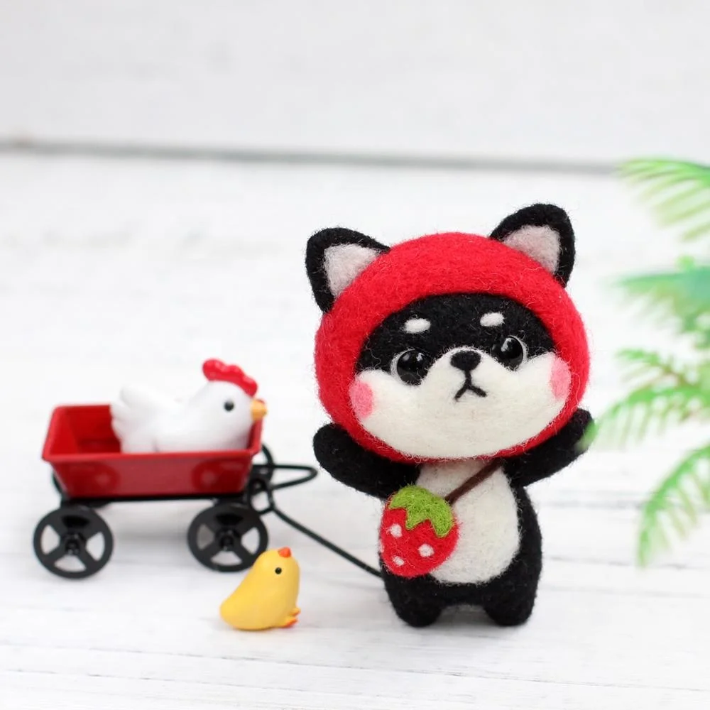 NO.9 Strawberry Black Shiba Inu DIY Handmade Felt Toy Wool Needle Felting Kit
