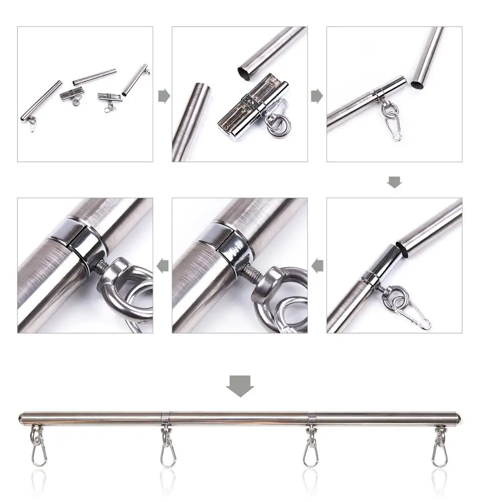 Stainless Steel Bondage Spreader Bar with Metal Hooks for Removable Cuffs