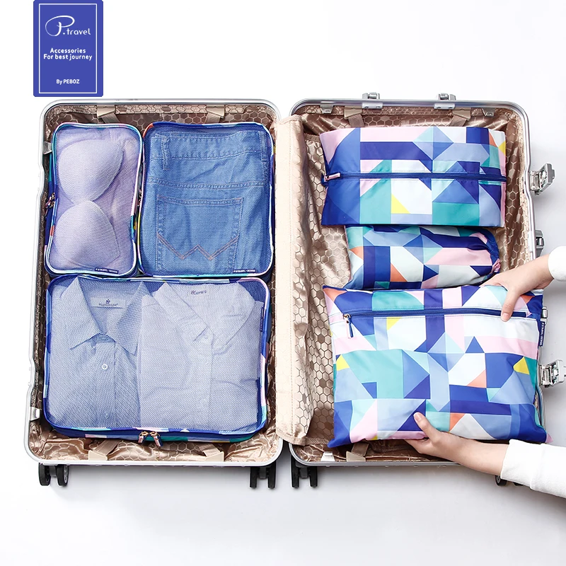 P.travel waterproof portable 6pcs set geometric packing cubes for travel ,Storage Mesh Bags Organizers