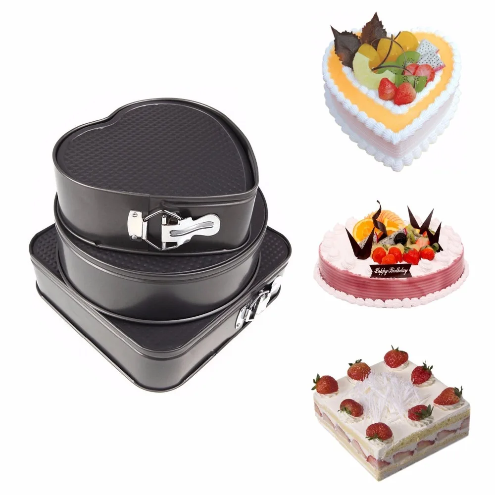 3pcs Carbon Steel Coating Non Stick Springform Baking Pan with Removable Bottom, Square, Round, Heart, Cake Pan with Lock