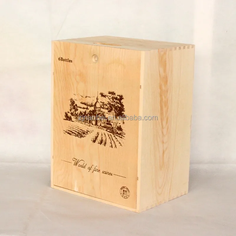 2024 New Designed Unfinished Wooden Wine Box with Lid for 6 Bottles Accept OEM