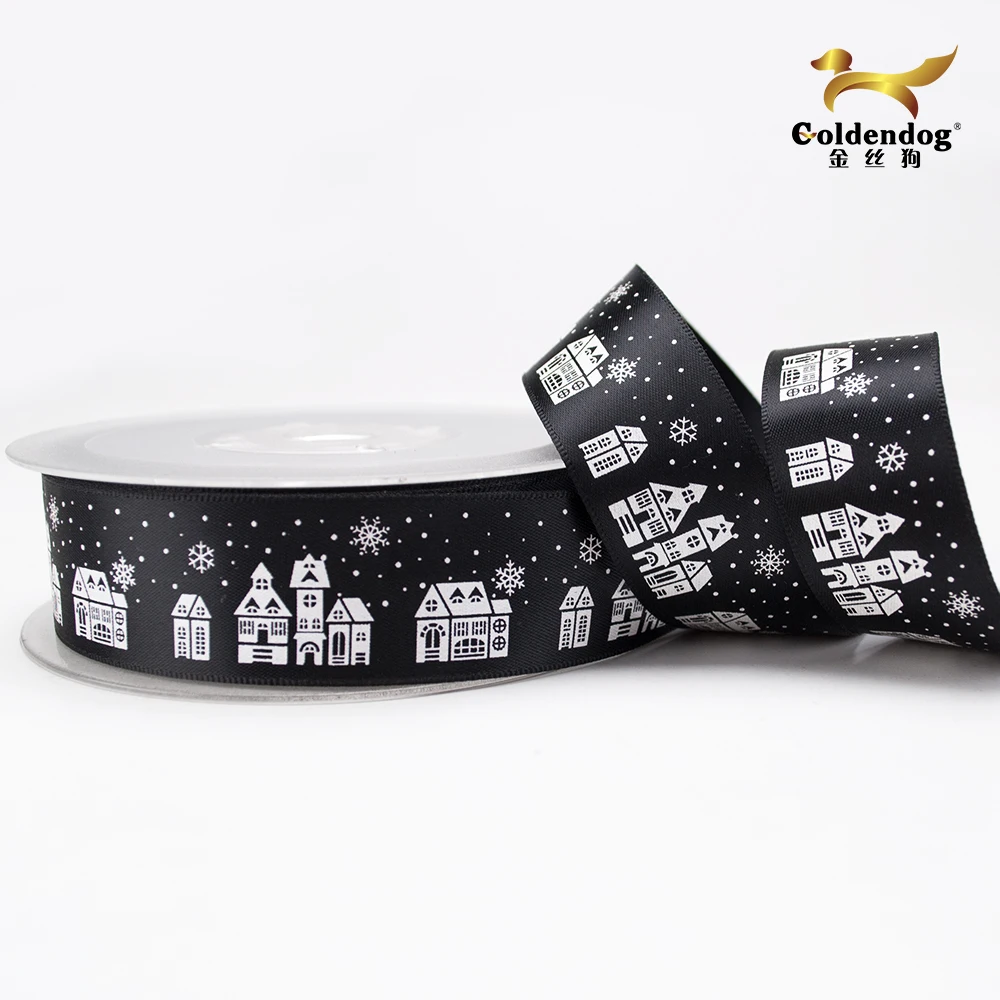 Wholesale blue and black 22mm(7/8 inch) christmas holiday silk printed satin celebrate it ribbon