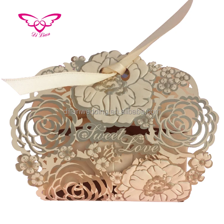 Laser cut pink color royal carriage candy box wedding