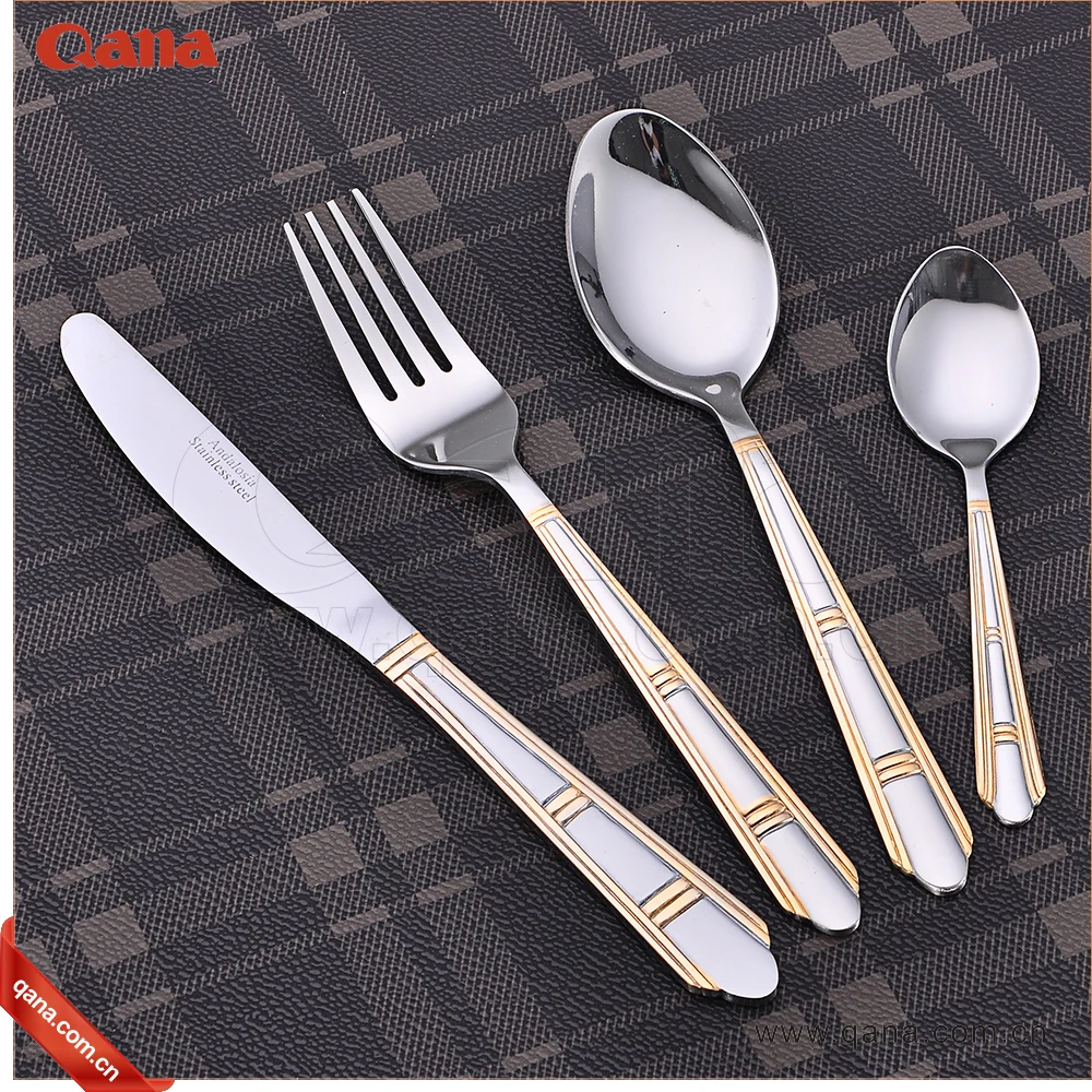 QANA Factory wholesale OEM Arabic style cutlery set high grade wedding gift gold plated cutlery set with wooden leather case