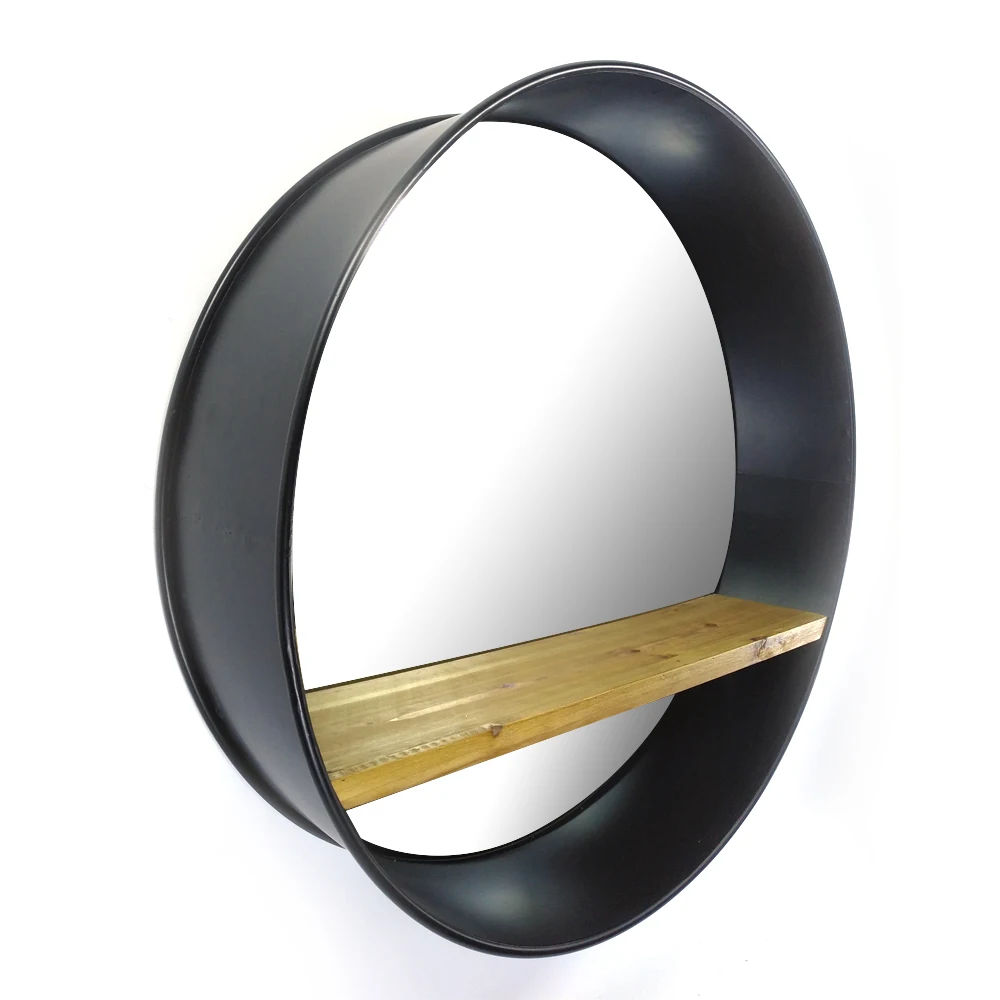 31 inch 79.5cm hanging round black wall mounted metal frame mirror decorative with solid wood shelf for bathroom or living room