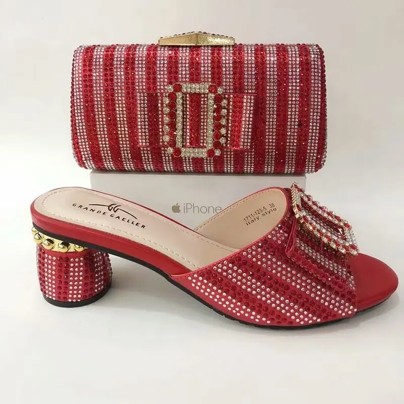 2019 Nigerian Style Woman Shoes And Bag Set Latest Red Color Italian Shoes And Bags With Rhinestones For Wedding Party