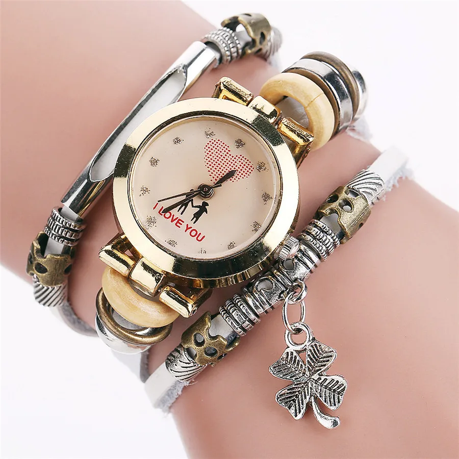 Wholesale cheap price Fashion Women Casual Leather watches Flower pendant  lady delicate Weave Wrap bracelet Watch in Yiwu