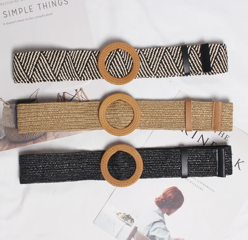
New fashion elastic straw braided women raffia belts with imitate rattan wood buckle 