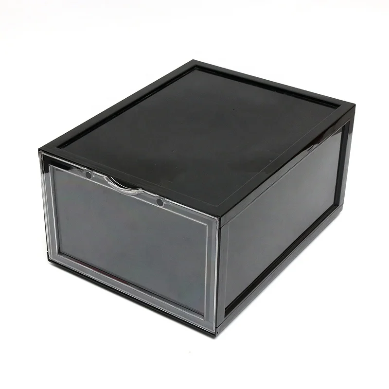 
Custom durable stackable removable black AJ injection plastic shoe Sneakers Storage box with clear front drop door 