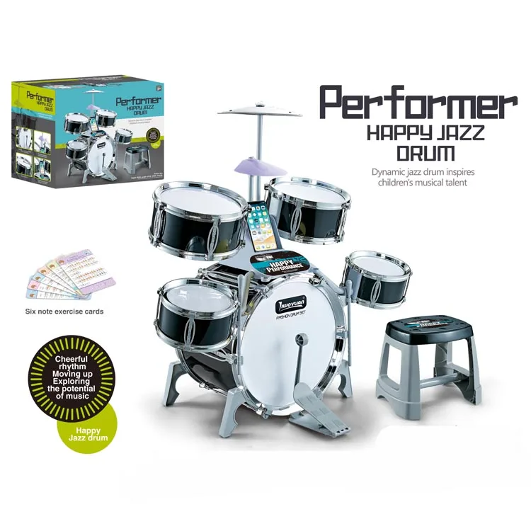 
New pp materials Black Color 5pcs Drum Toy Performer Happy Jazz Drum Set With Stool For Kid Play Drum Musical Toys 