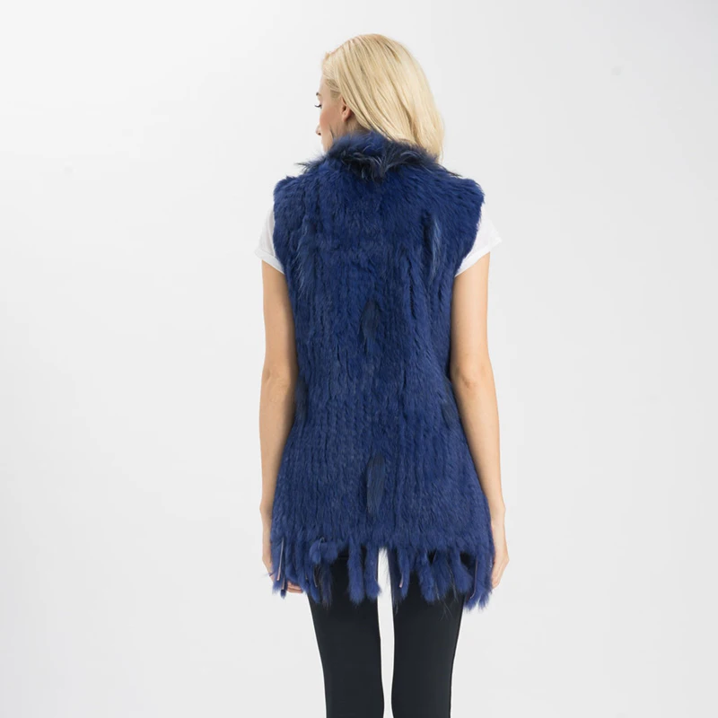 Latest Style Warm Women Knitted Real Rabbit Fur Vest with Raccoon Fur Collar Natural Fur Waistcoat Gilet
